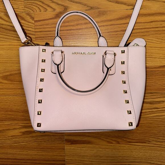 Michael Kors Studded Selma Saffiano Leather Pink Satchel Handbag - Picture 2 of 6